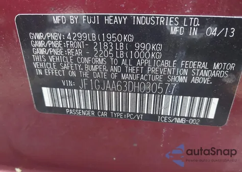 2013 Subaru Impreza 2.0I z USA, uszkodzony, nr VIN JF1GJAA63DH030577